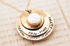 Personalized hand stamped gold filled Mother's or Grandmother's name necklace. $118.00, via Etsy. Grandmother Necklace, Hand Stamped Necklace, Coin Pearls, Grandmother Gifts, Hand Stamped Jewelry, Layered Jewelry, Stamped Jewelry, Necklace Personalized, Name Necklace