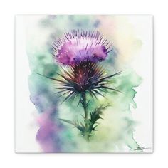 a painting of a thistle flower with watercolors on the back ground and behind it