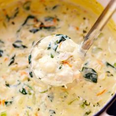 a ladle full of cheese and spinach soup