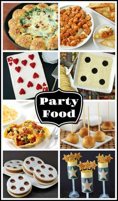 a collage of party food and desserts