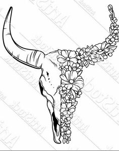 the longhorn skull with flowers on it's horns is shown in black and white