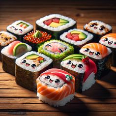 sushi rolls are arranged in the shape of faces on wooden boards, with different toppings