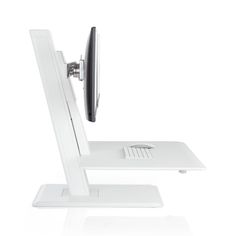 a white computer desk with a monitor and keyboard on it's stand, in front of a white background