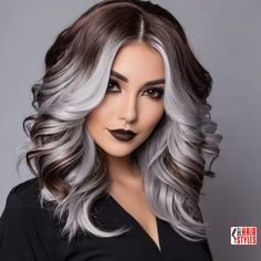 Edgy Balayage Hair, Grey Blending, Black And Grey Hair, Reverse Balayage, Two Tone Hair, Silver Blonde Hair, Grey Hair Inspiration, Chocolate Mocha, Gorgeous Hair Color