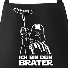 a black apron with a darth vader image on it