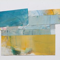 an abstract painting with blue, yellow and green colors on white paper that looks like wood planks