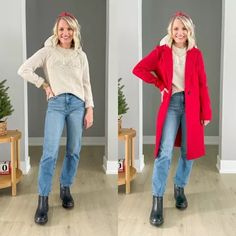 Wearable holiday outfits with a cozy sweater with a red coat!