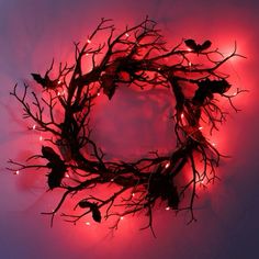 a wreath made out of branches with red lights