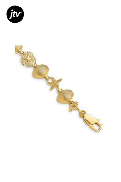 14k yellow gold textured sand dollar, clam, starfish link bracelet. Measures approximately 3/8 of an inch in width and has a lobster claw clasp. Gold Starfish Bracelet With Starfish Charm, Sand Dollar, Gold Texture, Lobster Claw, Link Bracelets, Starfish, Yellow Gold, Texture, Bracelet