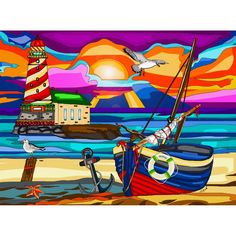 a painting of a boat on the beach with seagulls flying over it and a lighthouse in the background