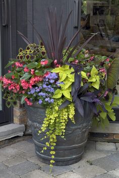 a planter filled with lots of different colored flowers