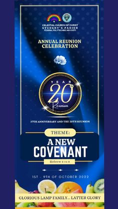 an advertisement for the 20th annual reunion celebration, with blue background and gold trimming