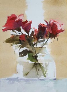 a watercolor painting of red roses in a glass vase on a table top with yellow background