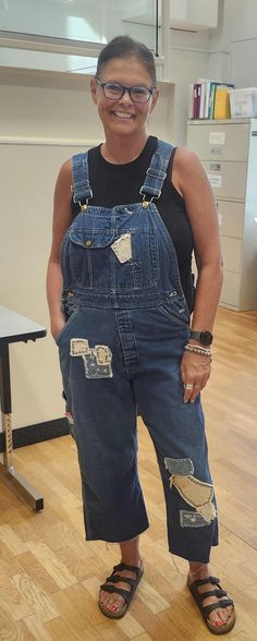 Size 8 vintage bib overalls capi jeans with feedsack patches that have hand Embroidery on it. Overalls With Patches, Patched Overalls, Patchwork Overalls, Womens Overalls, Scrap Fabric, Bib Overalls, Fabric Patch, Overalls Women, Fabric Scraps