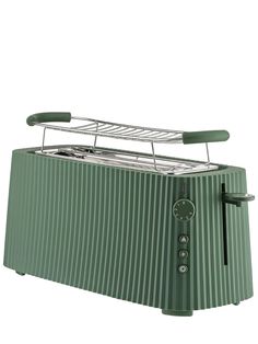 a green toaster sitting on top of a white counter