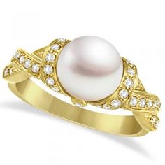 Freshwater Cultured Pearl & Diamond Ring 14k Yellow Gold .25ctw (8mm) Beautiful Promise Rings, Pearl Diamond Ring, Silver Pearl Ring, Sterling Silver Jewelry Rings, Pearl And Diamond Ring, Diamond Fashion Rings, Diamond Rings Bands, Freshwater Cultured Pearls, Pearl Diamond