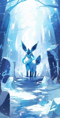 an animal standing in the middle of a forest filled with ice and snow covered rocks