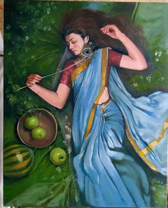 an oil painting of a woman in blue sari with green apples on the ground