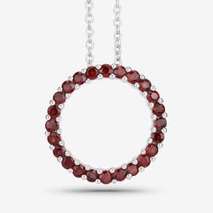 Garnet Pendant, Wreath Design Natural Garnet Rounds Silver Pendant Necklace for Women, Natural Red Gemstone Pendant Necklace, Gift for Her Product Details:  .925 Sterling Silver Stone Details: Garnet Item Type: Pendant Subcategory: Garnet Gross Wt: 3.66 Gemstone Wt: 0.96 ctw Total Stone Wt: 0.96 ctw Finish: Rhodium Plated Product Style: Circle Pendant Chain Type: Cable Chain Clasp: Spring Ring Clasps Total Qty Of Stones: 24 Height: 6.10 MM Width: 18.29 MM Length: 18.29 MM Primary Stone Color: Re Ruby Necklace For Valentine's Day, Red Gemstone Round Necklace, Red Ruby Round Necklaces, Red Round Gemstone Necklace, Red Garnet Round Jewelry, Red Round Garnet Jewelry, Red Birthstone Necklace With Round Stone, Red Round Stone Necklaces For Anniversary, Red Garnet Round Pendant Necklace