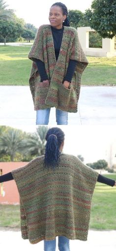 a woman wearing a knitted shawl in two different colors, with the same pattern on