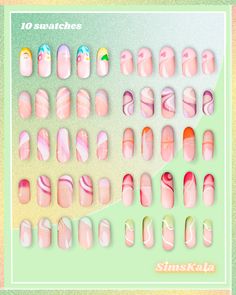 pink and white nails with different designs on them, including one for each nail color