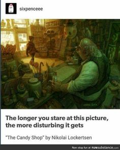 an old man sitting at a table in front of a computer screen with the caption that reads, the longer you stare at this picture, the more disturbing it gets