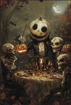 a group of skeletons sitting around a table with pumpkins