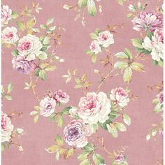 a blue floral wallpaper with pink and white flowers on the top, green background