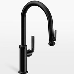 a black kitchen faucet with two handles and nozzles on the side