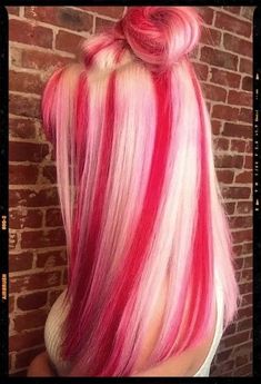 White To Pink Hair, Hair Color Blonde And Pink, Pink And White Hair Color, Multi Color Pink Hair, Hot Pink And Platinum Hair, Peppermint Hair Color, Blonde Roots Pink Hair, White Hair Pink Highlights, Pink Hair With Pink Highlights