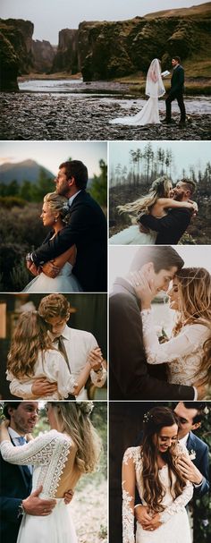 the wedding couple is posing for pictures in front of some rocks and water with their arms around each other