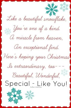 a christmas card with snowflakes on it and the words special - like you