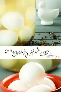 an egg is in a red bowl next to some eggs on a table and the words easy classic pickled egg