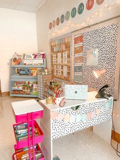 a room with many different items on the desk and shelves filled with pens, pencils, and other office supplies