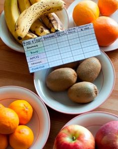 three white bowls filled with fruit on top of a wooden table next to bananas and oranges