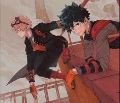 two anime characters standing on top of a wooden structure with swords in their hands and one holding onto the arm of another character