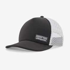 Built of lightweight recycled nylon fabric with a recycled polyester mesh back, this brimmed, runner-inspired hat combines quick-wicking, breathable and packable versatility with a classic trucker-style aesthetic. Made in a Fair Trade Certified™ factory. | Patagonia Duckbill Trucker Hat in Black - Outdoor Hats - Recycled Nylon/Recycled Polyester/Pfas Patagonia Cap, Mesh Headband, Hydration Pack, Fly Shop, Easy Packing, Casual Running Shoes, Blue Quartz, Nylon Fabric, Trail Running Shoes