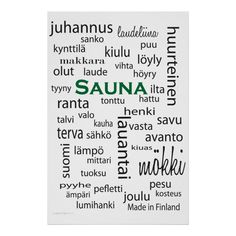 the word sauna in different languages on a white background with black and green lettering