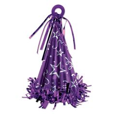 purple party streamers with white stars and ribbons on the ends, hanging from a metal hook