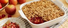 a dessert dish with strawberries and oatmeal crumbled into it