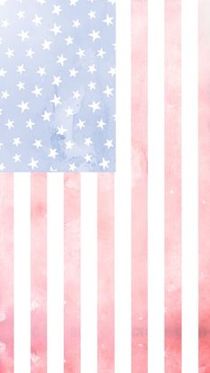 an american flag painted in pink and blue watercolors with white stars on it