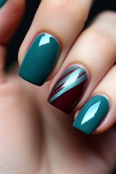 Maroon And Teal Nails, Teal Nail Ideas, Sommer Nails, Nails Teal, Teal Nail Designs, Teal Burgundy, Teal Nails, Manicure Nail Designs, Fall Gel Nails