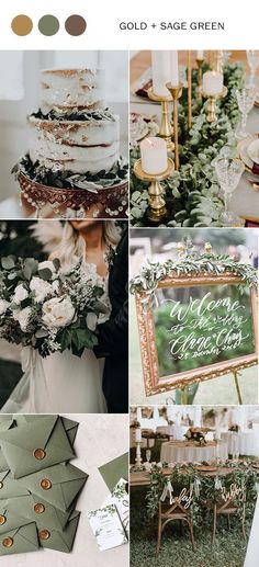 a collage of photos with green and white flowers, greenery and gold accents