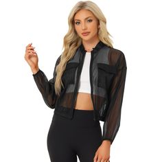 This jacket has several design points: Mesh Sheer Fabric, Long Sleeve, Mock Neck, zip-up, Short Length, Elastic cuffs, and Elastic hem. Short Length, Elastic cuffs and Elastic hem, Mesh Sheer Fabric. Regular Fit, Mock neck, and sheer fabric bring chic style to a bomber jacket. The sheer fabric and elastic design bring instant fashion to the look. You can pair it perfectly with short skirts for a hot and chic look. Summer Trends Outfits, Chic Look, It Girl, Chic Woman, Dress And Heels, City Chic, Zip Up, Coats For Women, Zip Ups