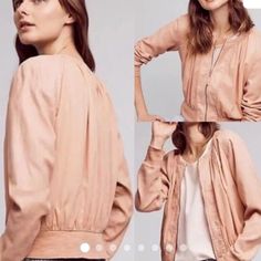 Blush Pink Color. Lightweight Semi-Cropped Bomber Ribbed Cuffs And Waistband. Feminine Fall Outerwear For Layering, Feminine Spring Outerwear For Layering, Feminine Fall Outerwear For Brunch, Blush Pink Color, Anthropologie Jacket, Pink Color, Blush Pink, Anthropologie, Bomber Jacket