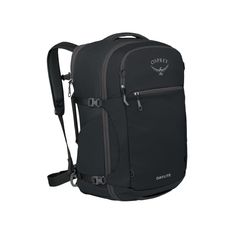 the ospree backpack is black and has two zippers on each side of it