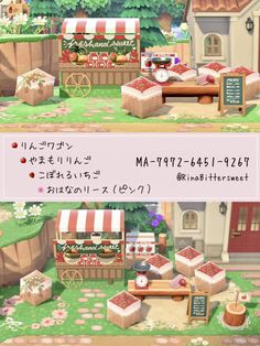 an animal crossing game is shown in two separate screens, one with food and the other has