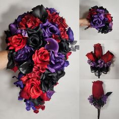 the bouquet is made up of red, purple and black flowers