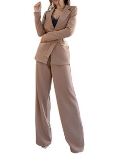 Pants length inner seam 35,8 inches or 91 cm Sleeve length 24,8 inches or  63 cm Blazer length is 27,5 inches or 70 cm 2-piece Womens Blazer Trouser Suit for office, business meetings, formal events and special occasions. Also perfectly combines with sneakers so after a long and tiring business day you can change you heels to sneakers and still look chic. DETAILS -  wide leg pants -  high rise -  blazer is Buttoned and belted -  lined -  side pockets -  relaxed fit -  single breasted MATERIAL Pr Office Pantsuit Trousers, Solid Color Office Pantsuit, Business Women Outfit, Pantsuit For Women, Women Wide Leg Pants, Outfit Beige, Trouser Suit, Womens Blazer, Business Outfits Women