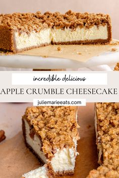 an apple crumble cheesecake is cut into slices